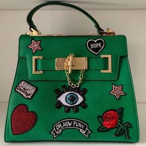 Green Purse with gold chain and patch detailing